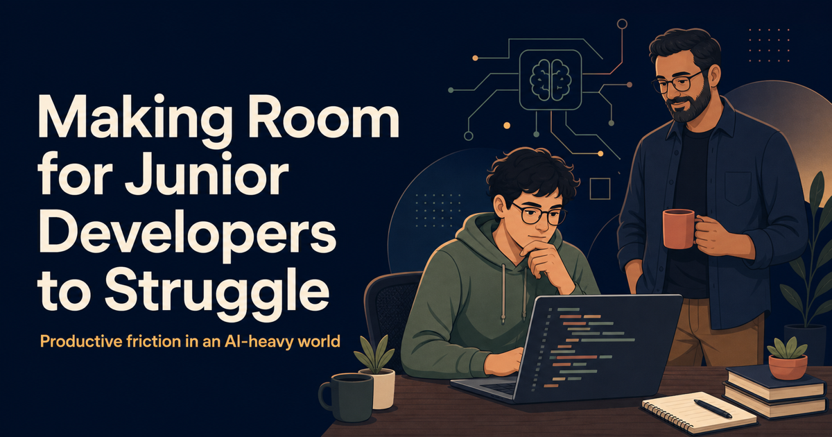 A junior developer working through a difficult code problem with a lead nearby and subtle AI assistance in the background.