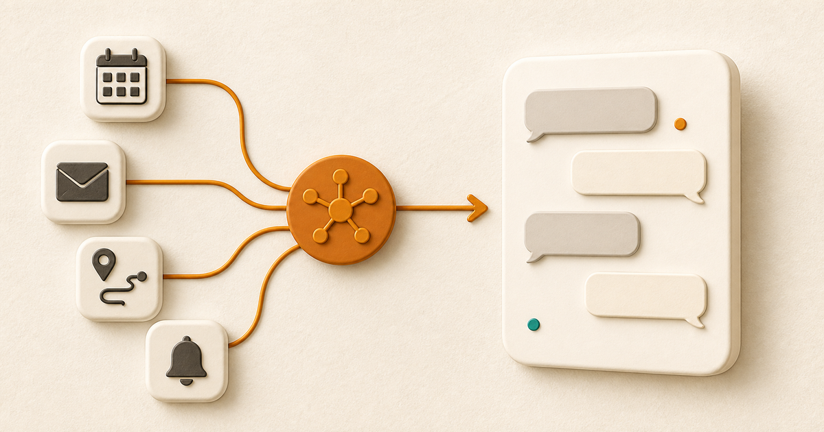 Calendar, email, map, and notification tools feeding through a central MCP connector into a chat interface.