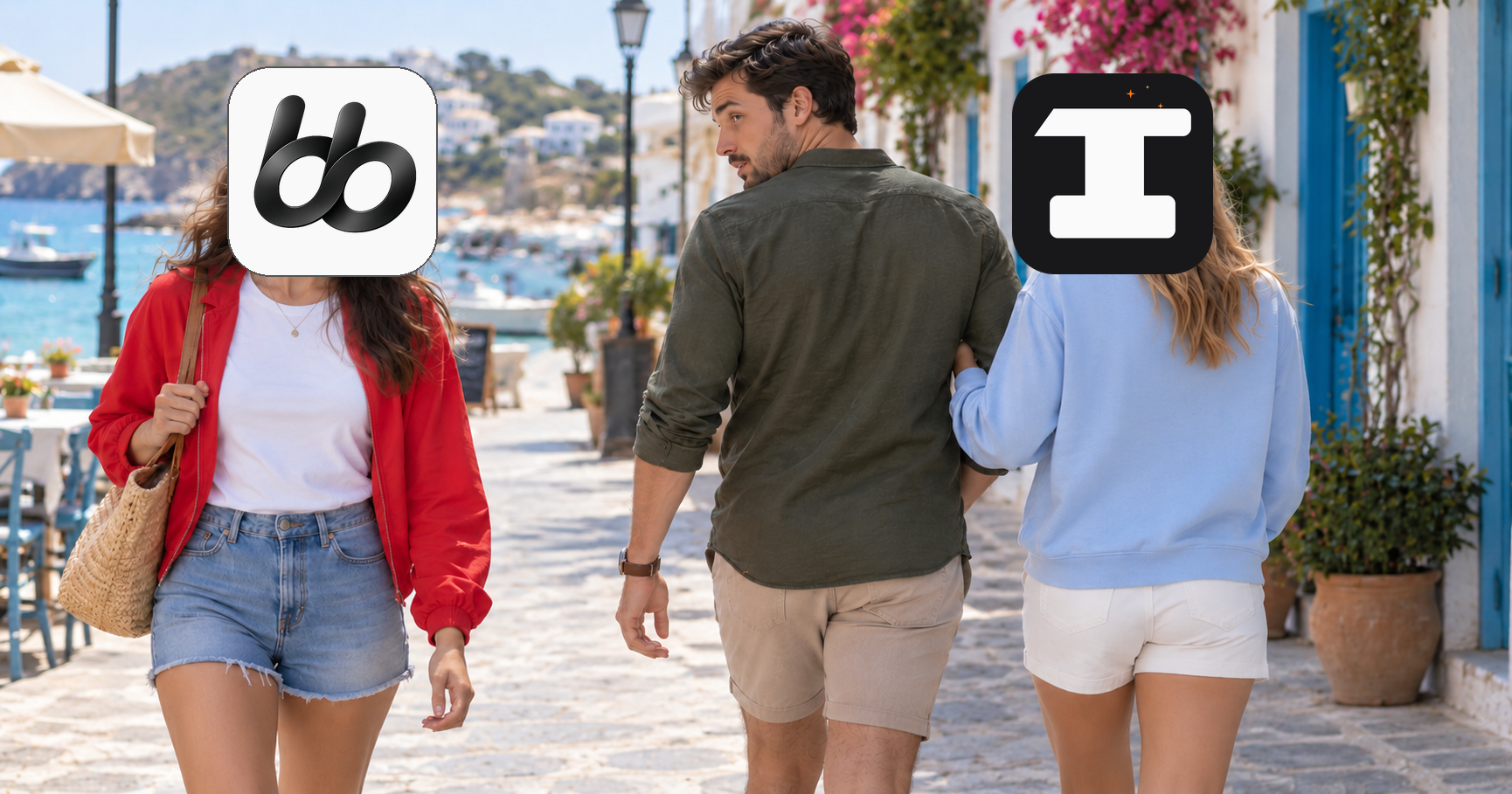 A man looks back at a passerby with a bb logo over her face. An OpenForge logo covers his partner's face.