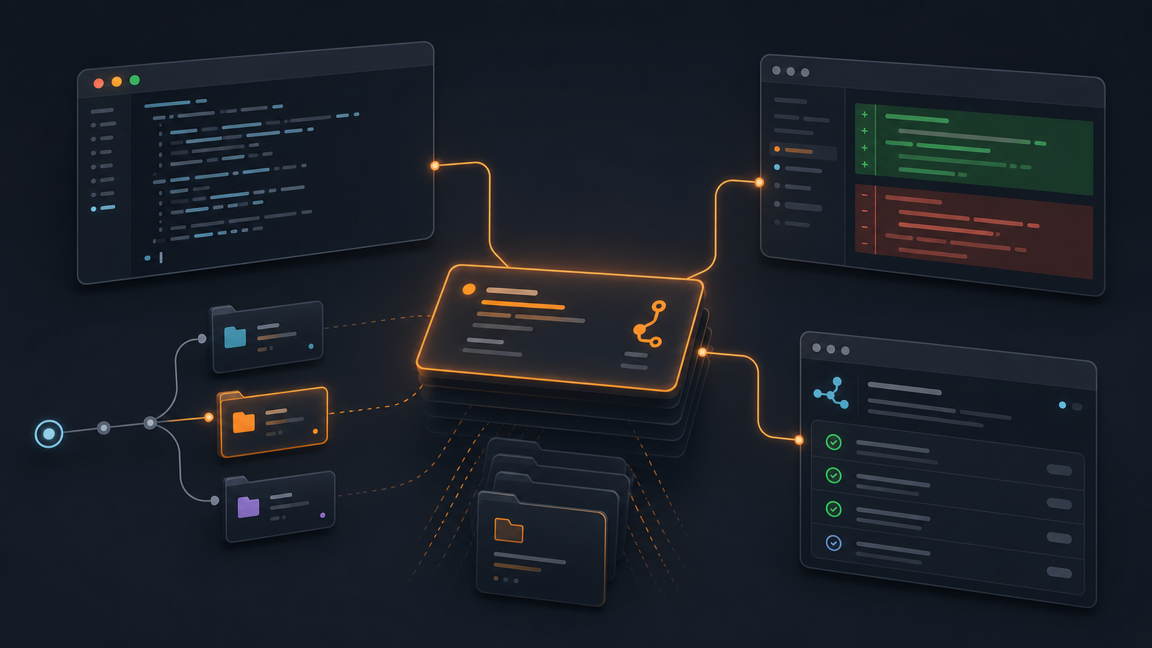 A dark command center illustration with a task card connected to terminal, diff, GitHub status, and worktree panels.