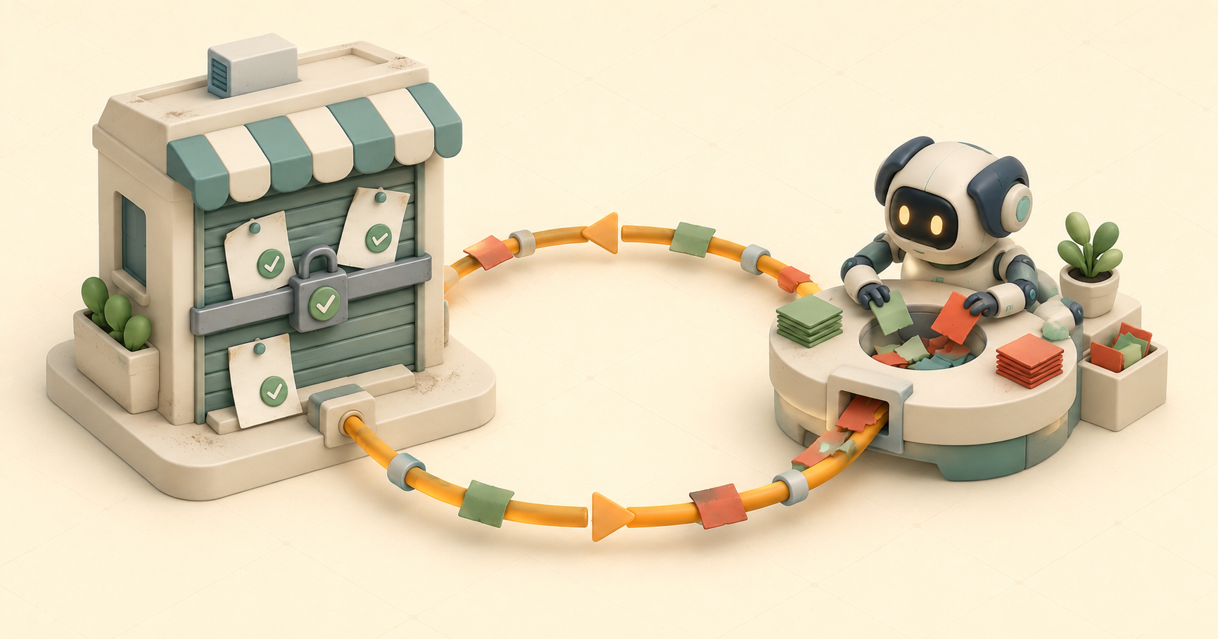 A shuttered shop pinned with old green checks while a small robot loops red and green scraps back onto the door.