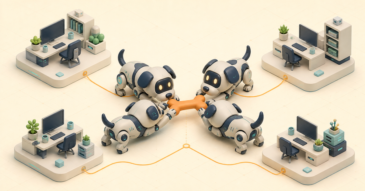Four friendly robot dogs lunging toward the same bone, representing multiple coding agents competing for the same machine's RAM.
